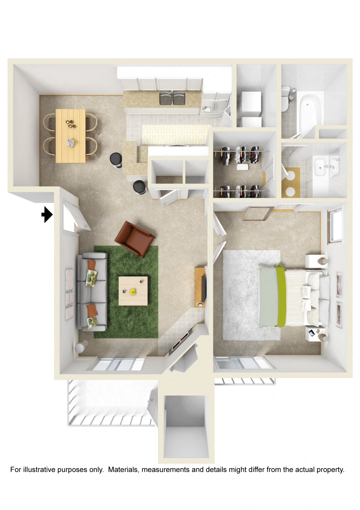 Floor plan for 1 bed, 1 bath, 700 sqft